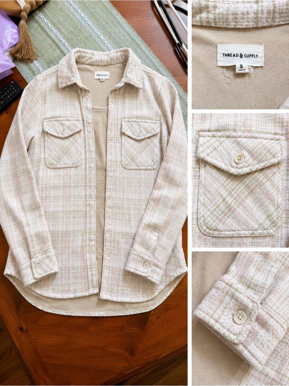 Thread & Supply Cream Plaid Button-Up Shacket with Pink & Sage Accents